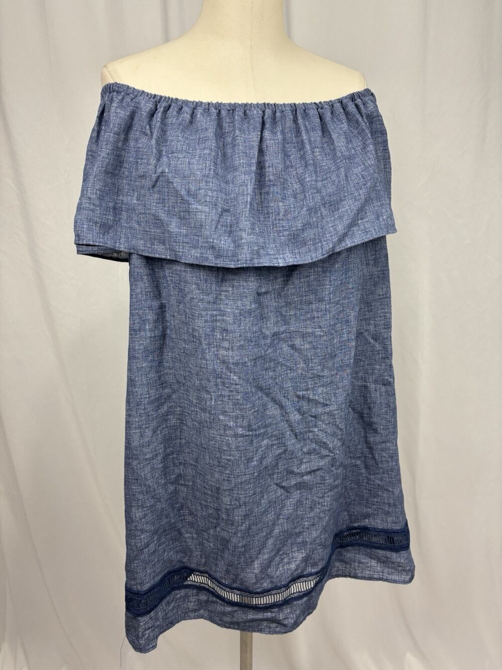 Zara Linen Blend Off Shoulder Chambray Summer Dress Sz XS Boho Feminine Cottage